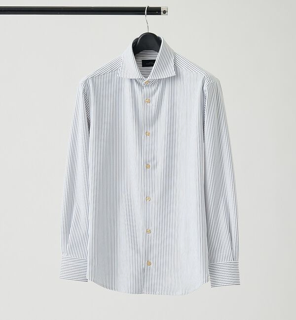 ABAHOUSE「【ON/OFF兼用】ストライプ＆デニムライク　360&deg;ストレッチ ワイドカラーシ」|シャツ・ブラウス|ホワイト