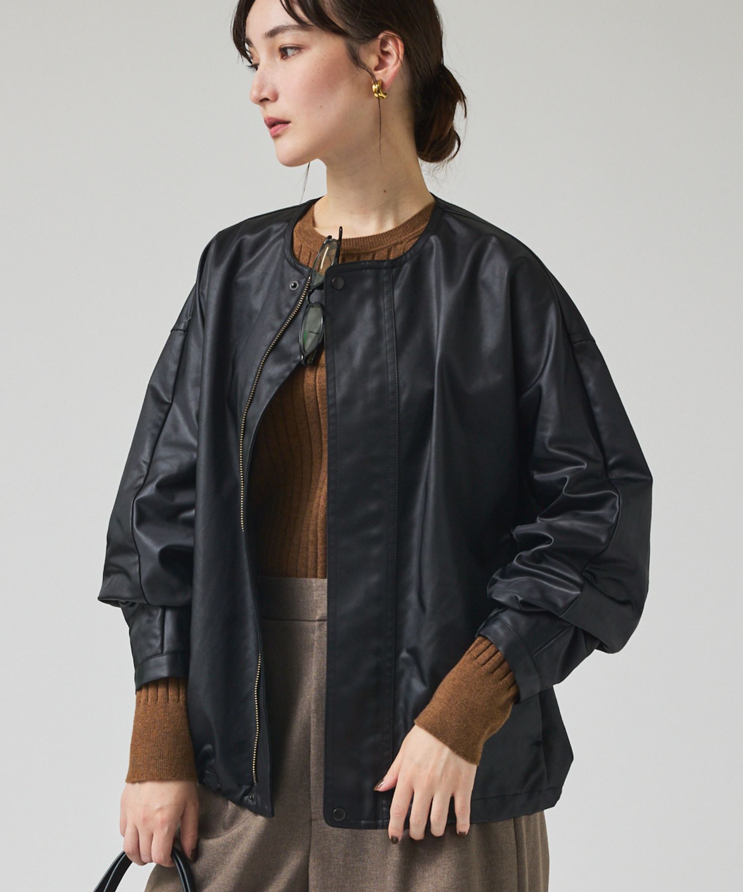 qualite「レザーライクブルゾン」|ブルゾン・スタジャン|ブラック