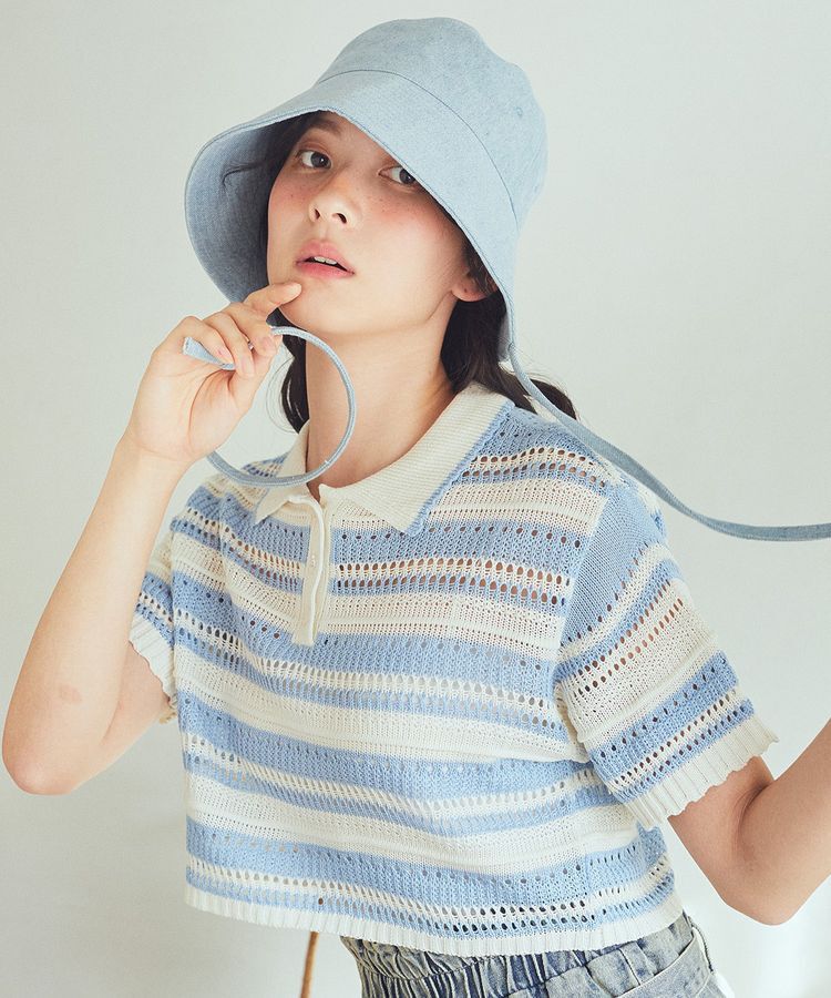 earth music&ecology「キラキラボタン透かしニットポロ」|ニット・セーター|