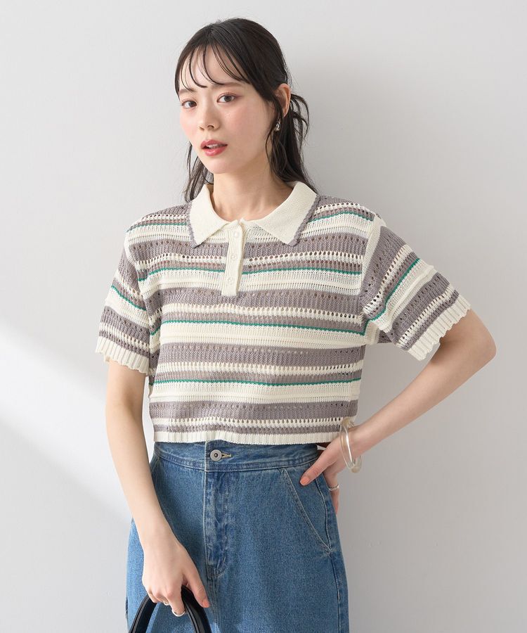 earth music&ecology「キラキラボタン透かしニットポロ」|ニット・セーター|