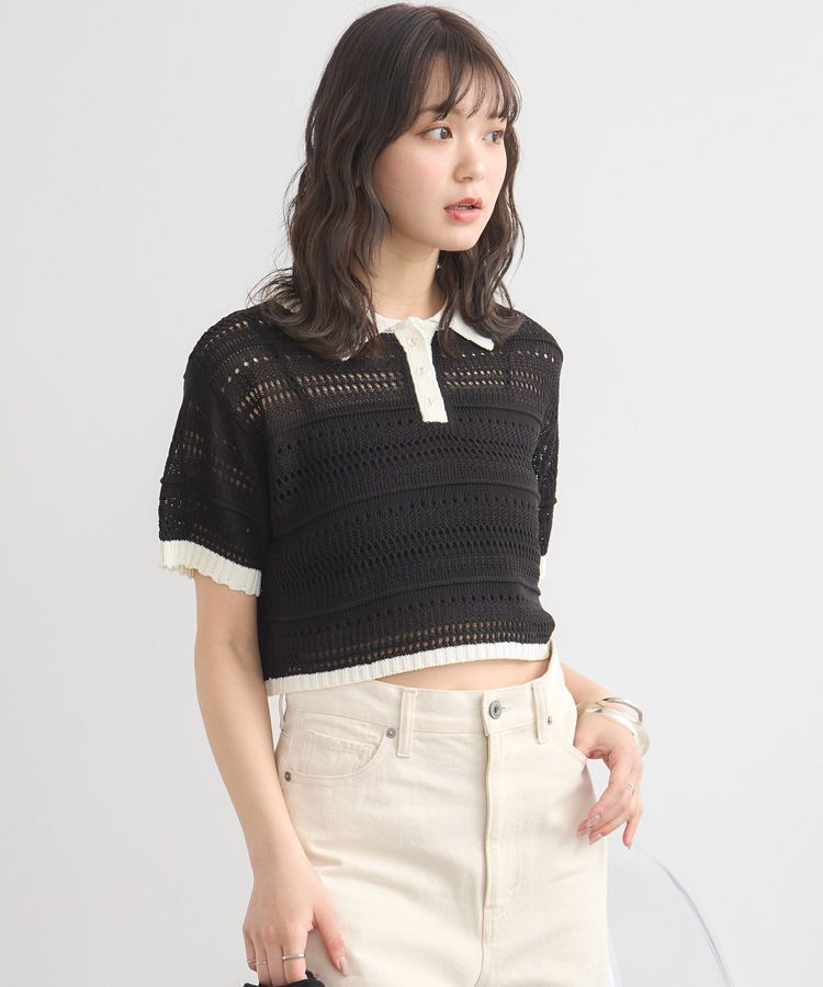 earth music&ecology「キラキラボタン透かしニットポロ」|ニット・セーター|