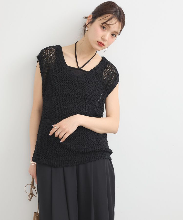 earth music&ecology「クルクルヤーンメッシュベスト」|ベスト・ジレ|Black