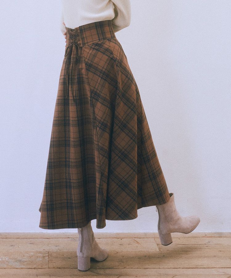 earth music&ecology「バックレースアップチェックスカート」|フレア|