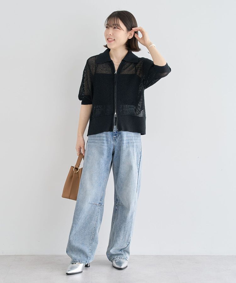 Green Parks「襟付きメッシュ編みZIPカーディガン」|カーディガン|