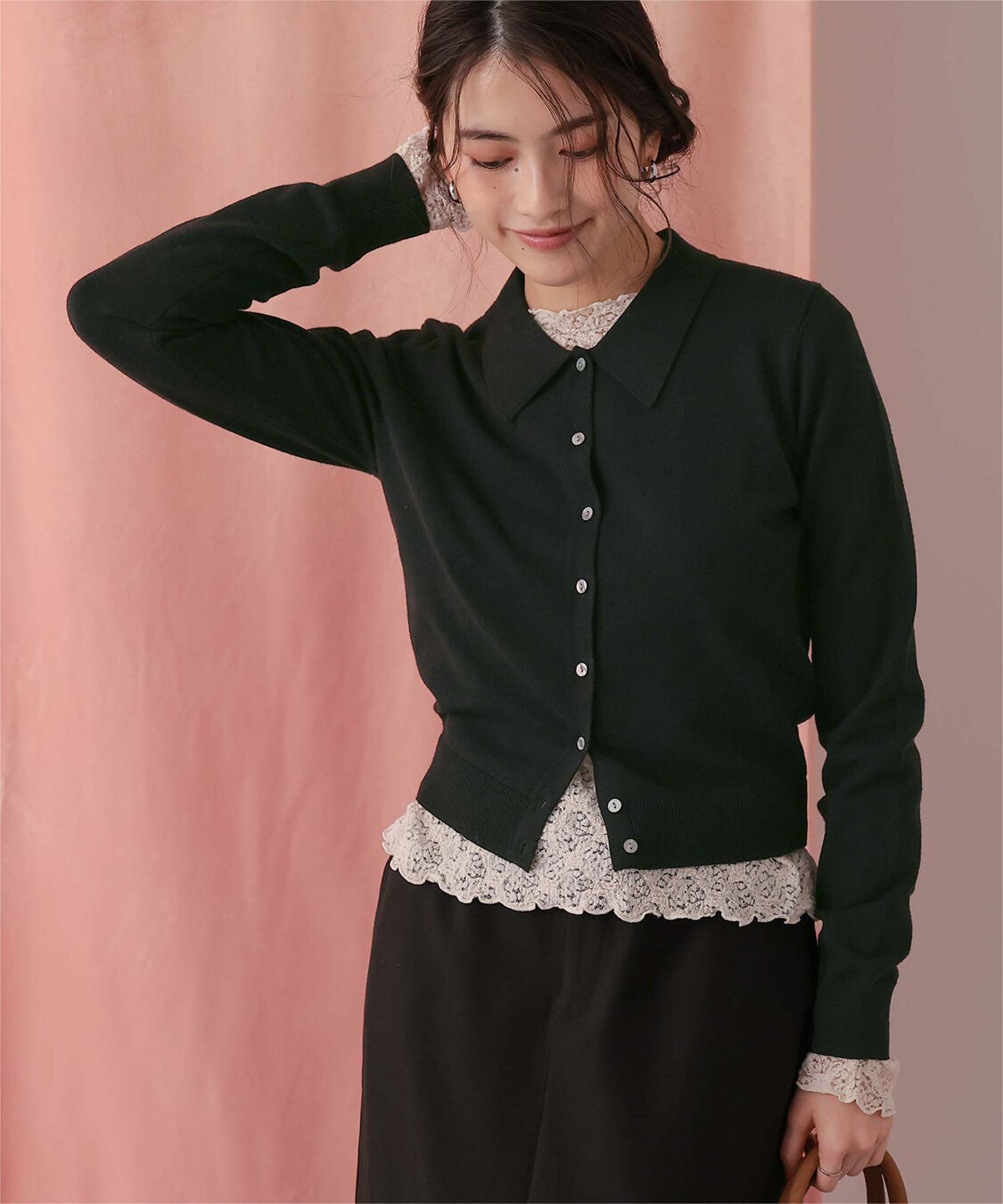 titivate「ポロ襟ニットカーディガン/トップス」|ニット・セーター|ブラック