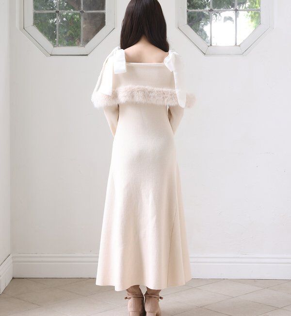  「リボン取り外し可能オフショルファーニットワンピース」|ワンピース|