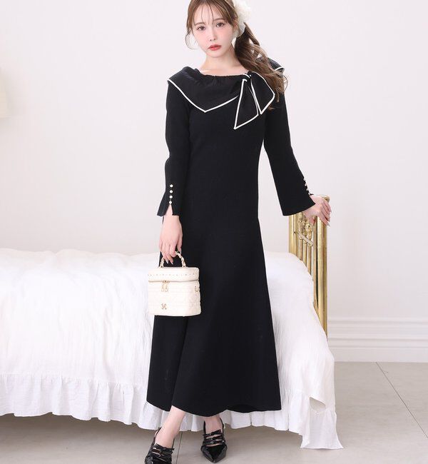  「異素材リボンニットロングワンピース」|ワンピース|