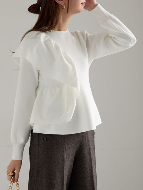 Te chichi「アシンメトリーフリルニット《2025winter catalog item》」|ニット・セーター|オフホワイト