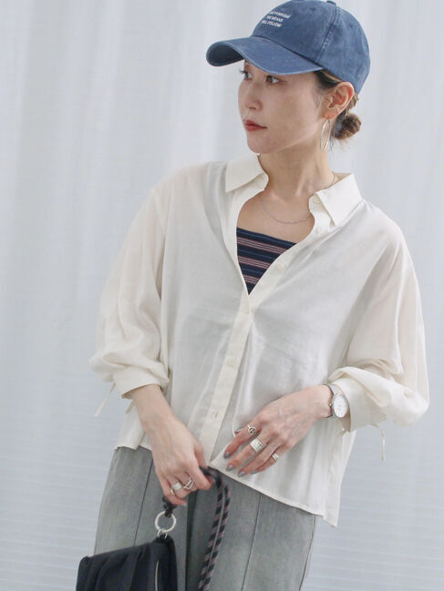 Samansa Mos2 blue「ショート丈シャーリングブラウス」|シャツ・ブラウス|