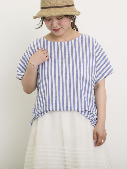 Samansa Mos2「◎綿麻柄アソートボートネックブラウス」|シャツ・ブラウス|ネイビー