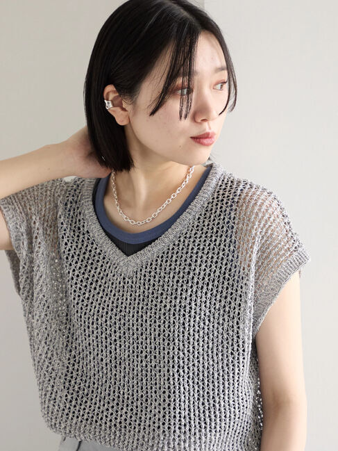 Samansa Mos2 blue「メランジラメメッシュニットベスト」|ニット・セーター|