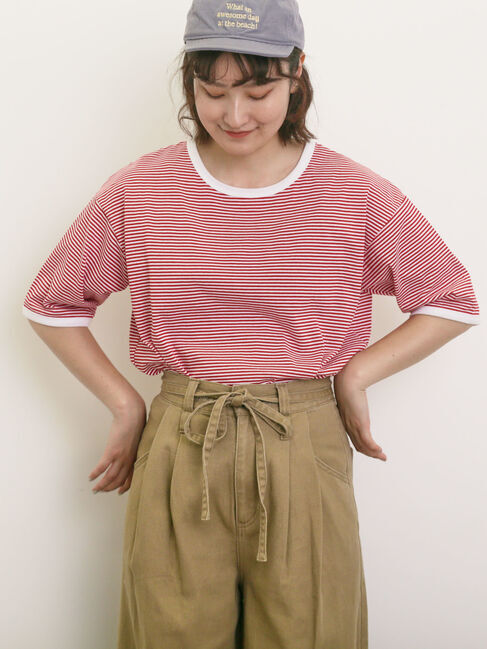 Samansa Mos2「◎ラウンドヘムボーダーカットソー」|Tシャツ・カットソー|レッド