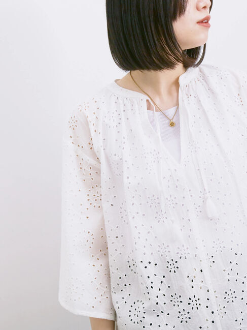 Samansa Mos2 blue「【Made in India】タッセル付ギャザーレースブラウス」|シャツ・ブラウス|