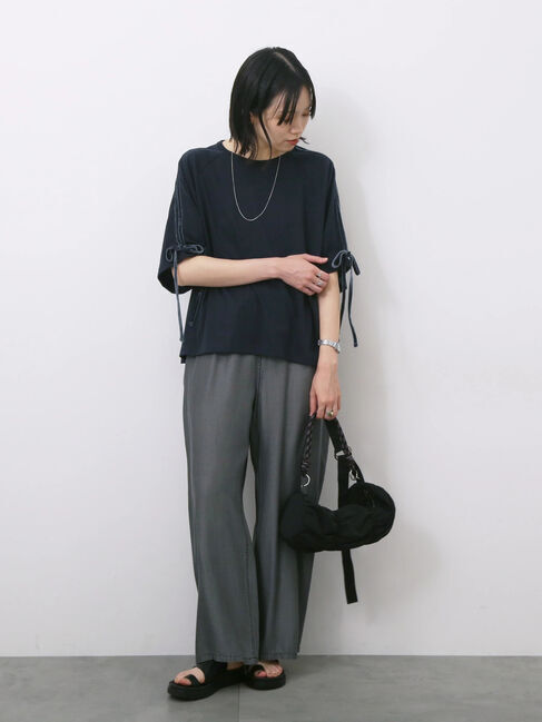 Samansa Mos2 blue「◎【接触冷感】ベロアラインリボンTシャツ」|Tシャツ・カットソー|