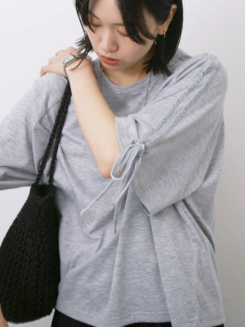 Samansa Mos2 blue「◎【接触冷感】ベロアラインリボンTシャツ」|Tシャツ・カットソー|ＴＯＰグレー