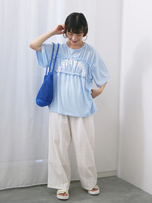 Samansa Mos2 blue「◎【接触冷感】シャーリングドッキングTシャツ」|Tシャツ・カットソー|