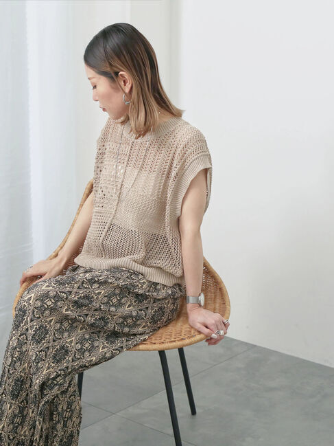 Samansa Mos2 blue「麻タッチパッチワークニットベスト」|ニット・セーター|