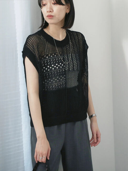 Samansa Mos2 blue「麻タッチパッチワークニットベスト」|ニット・セーター|