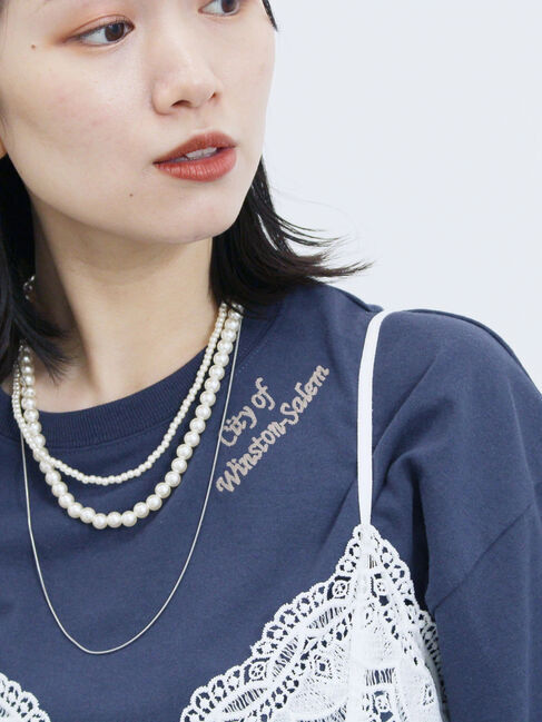 Samansa Mos2 blue「チェーン刺繍7分袖プルオーバー」|Tシャツ・カットソー|