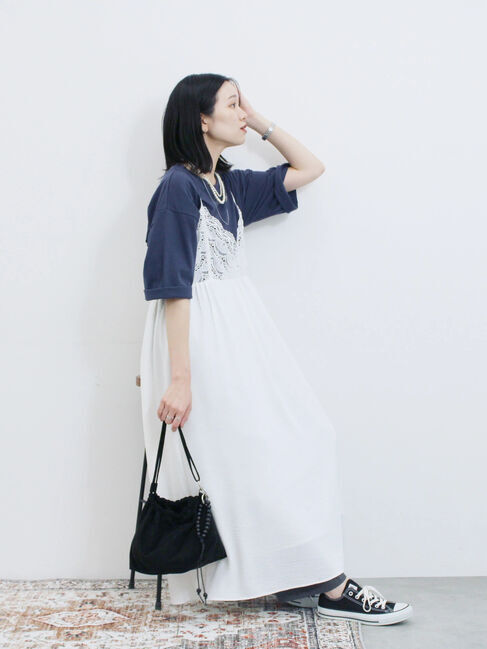 Samansa Mos2 blue「チェーン刺繍7分袖プルオーバー」|Tシャツ・カットソー|