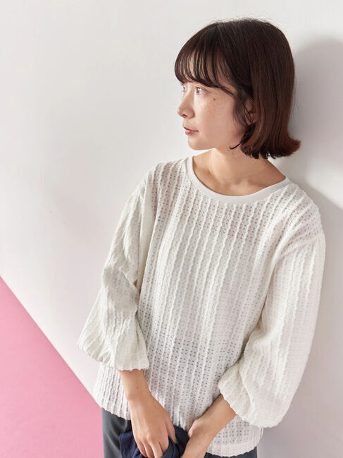 Samansa Mos2 blue「ジャカードボリュームスリーブプルオーバー」|Tシャツ・カットソー|