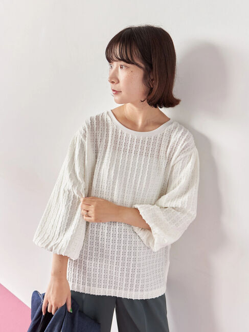 Samansa Mos2 blue「ジャカードボリュームスリーブプルオーバー」|Tシャツ・カットソー|