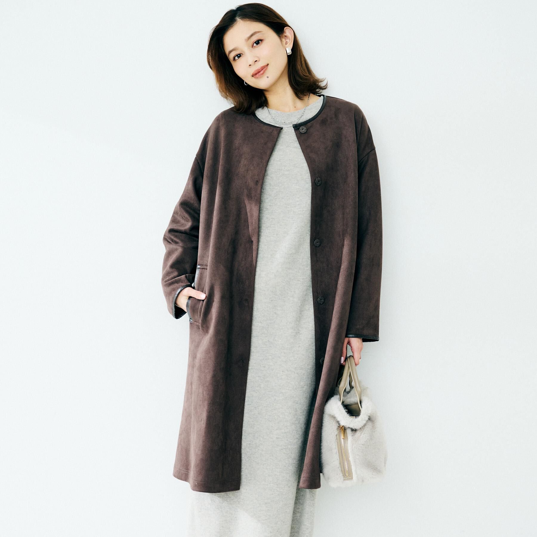 UNTITLED「【洗える/軽羽織り】マシュマロタッチ　スエード調コート」|ノーカラーコート|ブラウン(044)