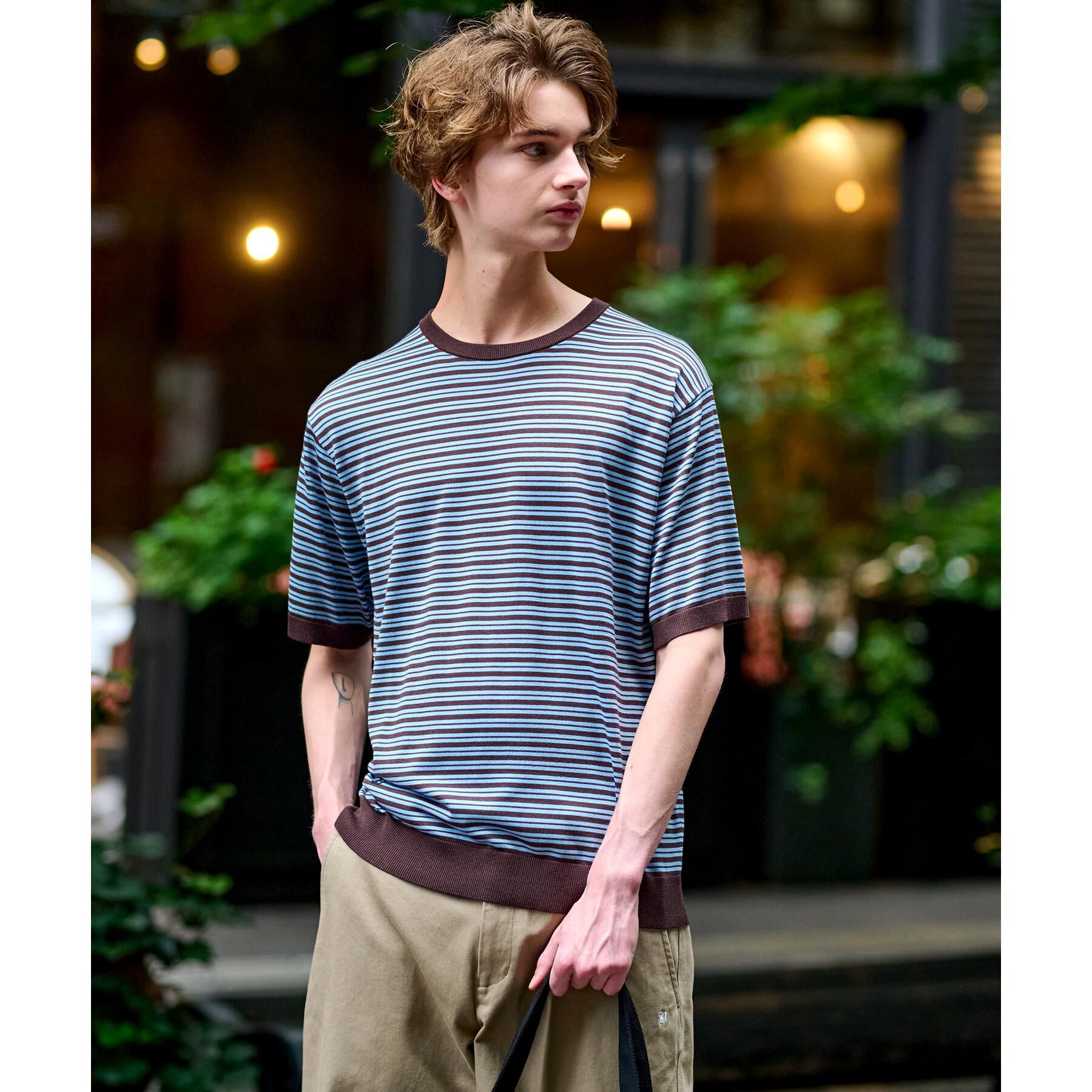 DRESSTERIOR「シルク混ボーダーハーフスリーブニットT」|ニット・セーター|