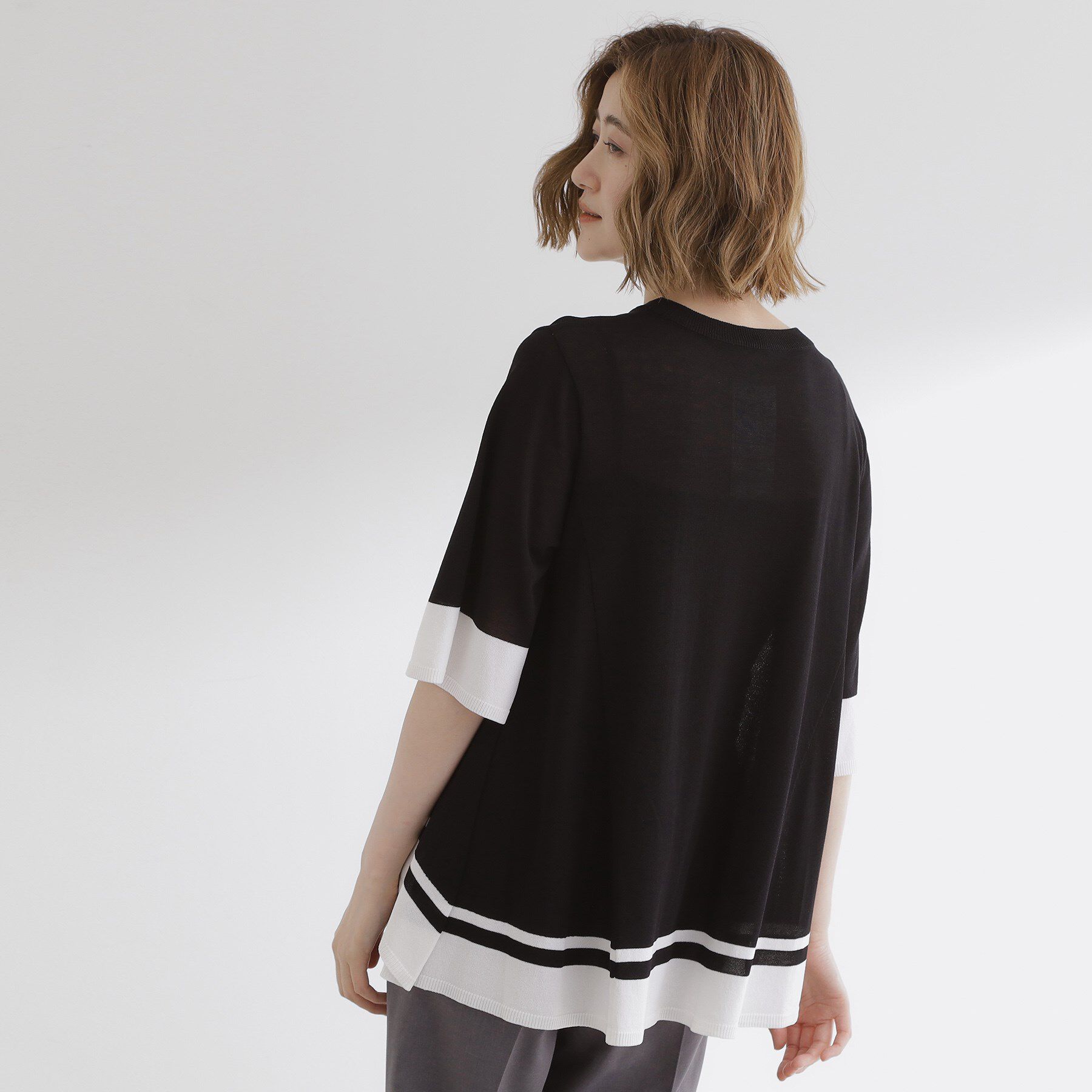 grove「涼やか体型カバー　配色シアーニットプルオーバー」|ニット・セーター|ブラック&times;オフ(51