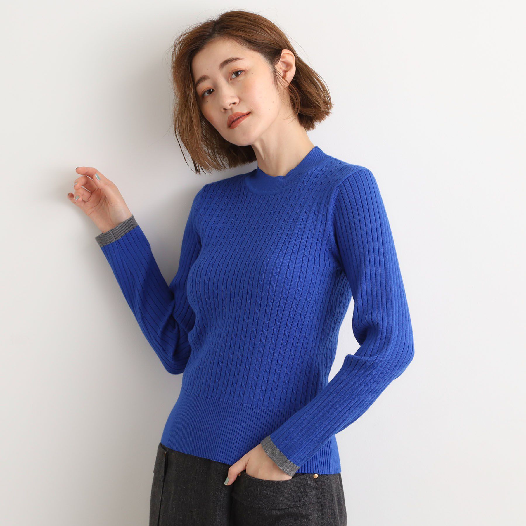 grove「袖口配色リブニット」|ニット・セーター|ブルー(093)