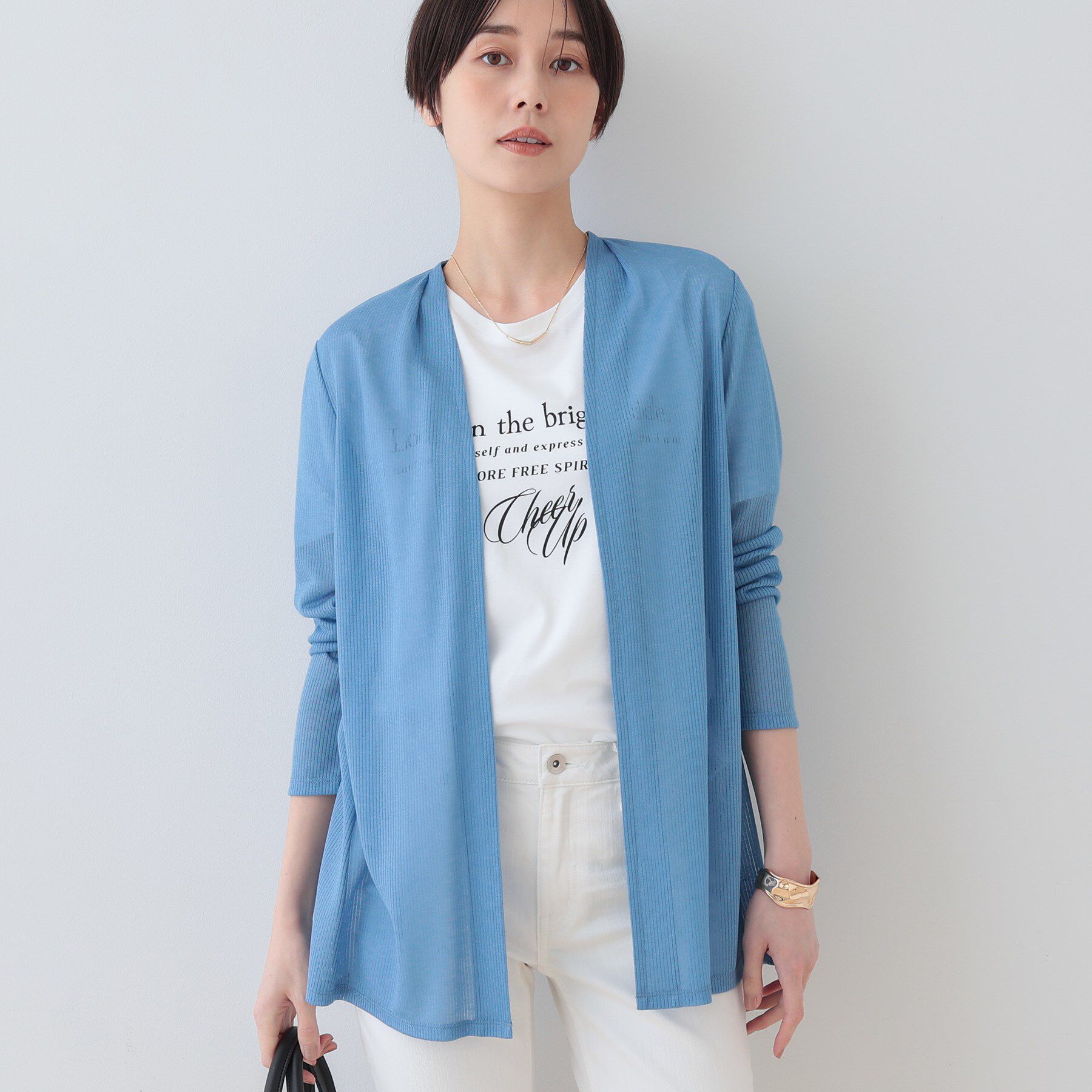 INDIVI「【洗える／シアーストライプ柄】着流しジャージカーディガン」|カーディガン|ブルー(092)