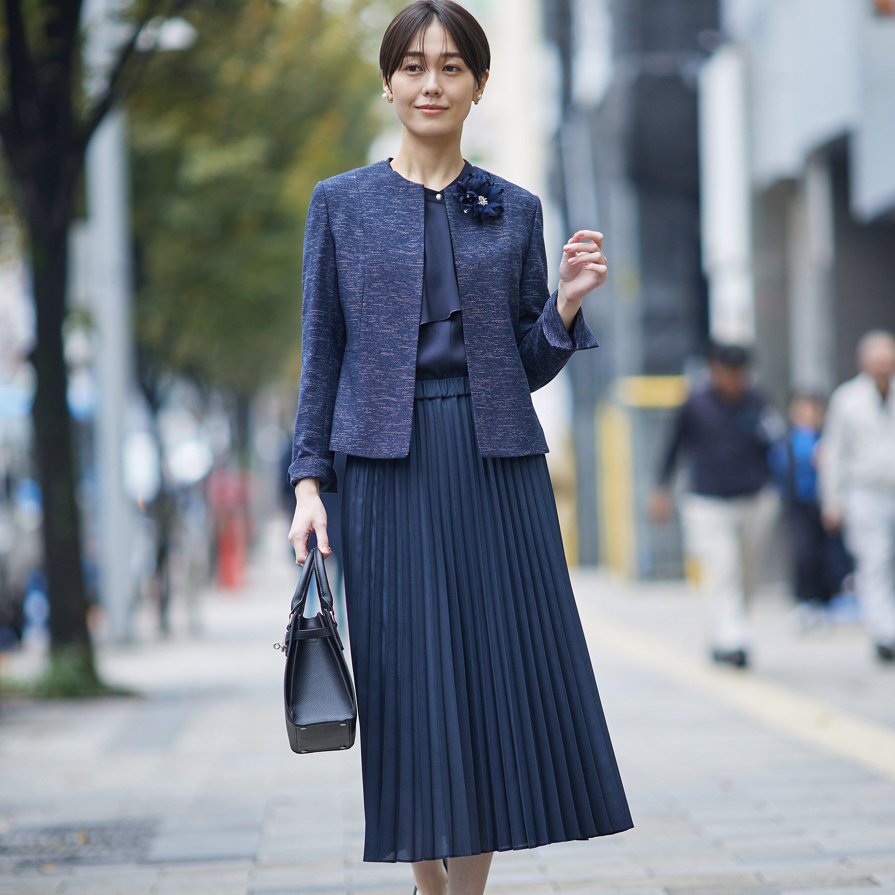 INDIVI「【洗える】ストレッチツィードジャケット」|ノーカラージャケット|