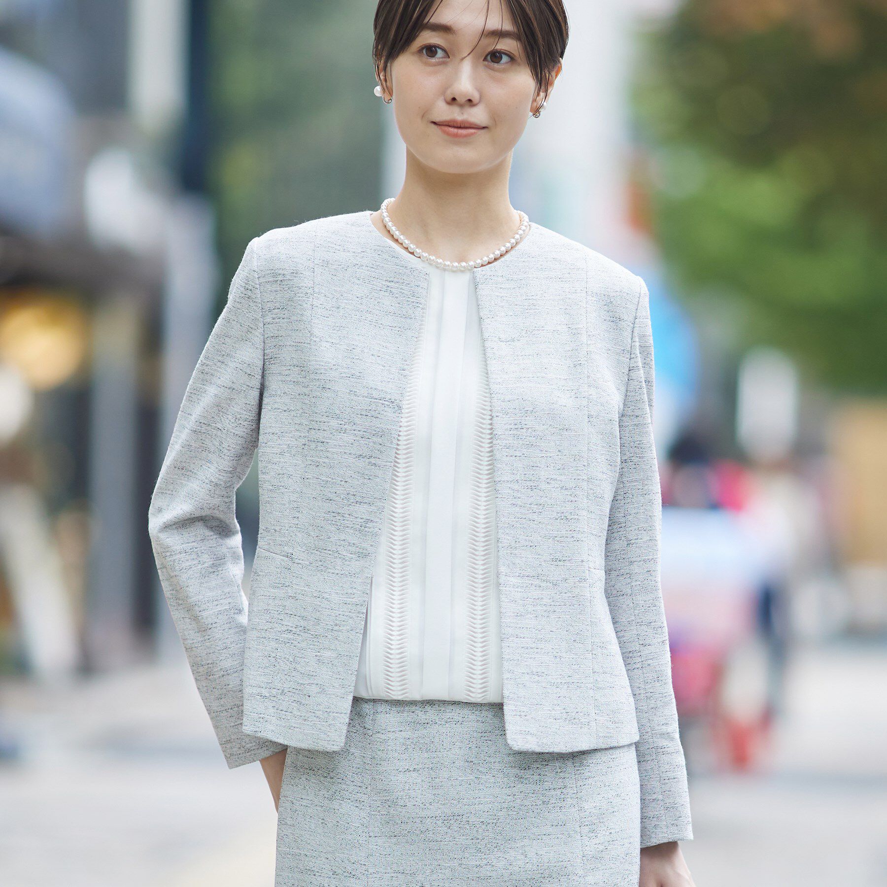 INDIVI「【洗える】ストレッチツィードジャケット」|ノーカラージャケット|ブラック(419)