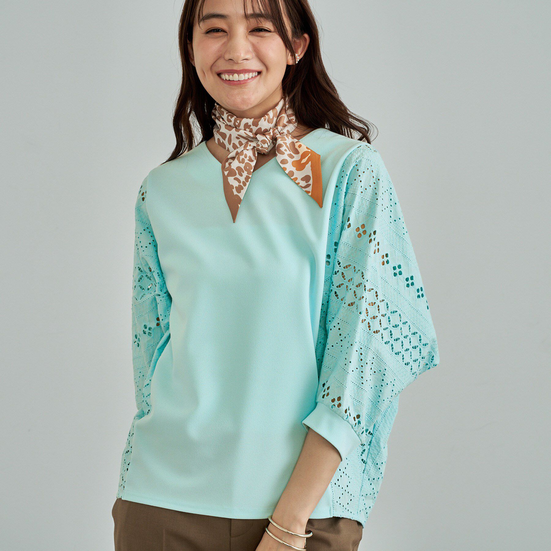 INDIVI「【洗える／体型カバー】レースコンビトップス」|Tシャツ・カットソー|ミントグリーン(02