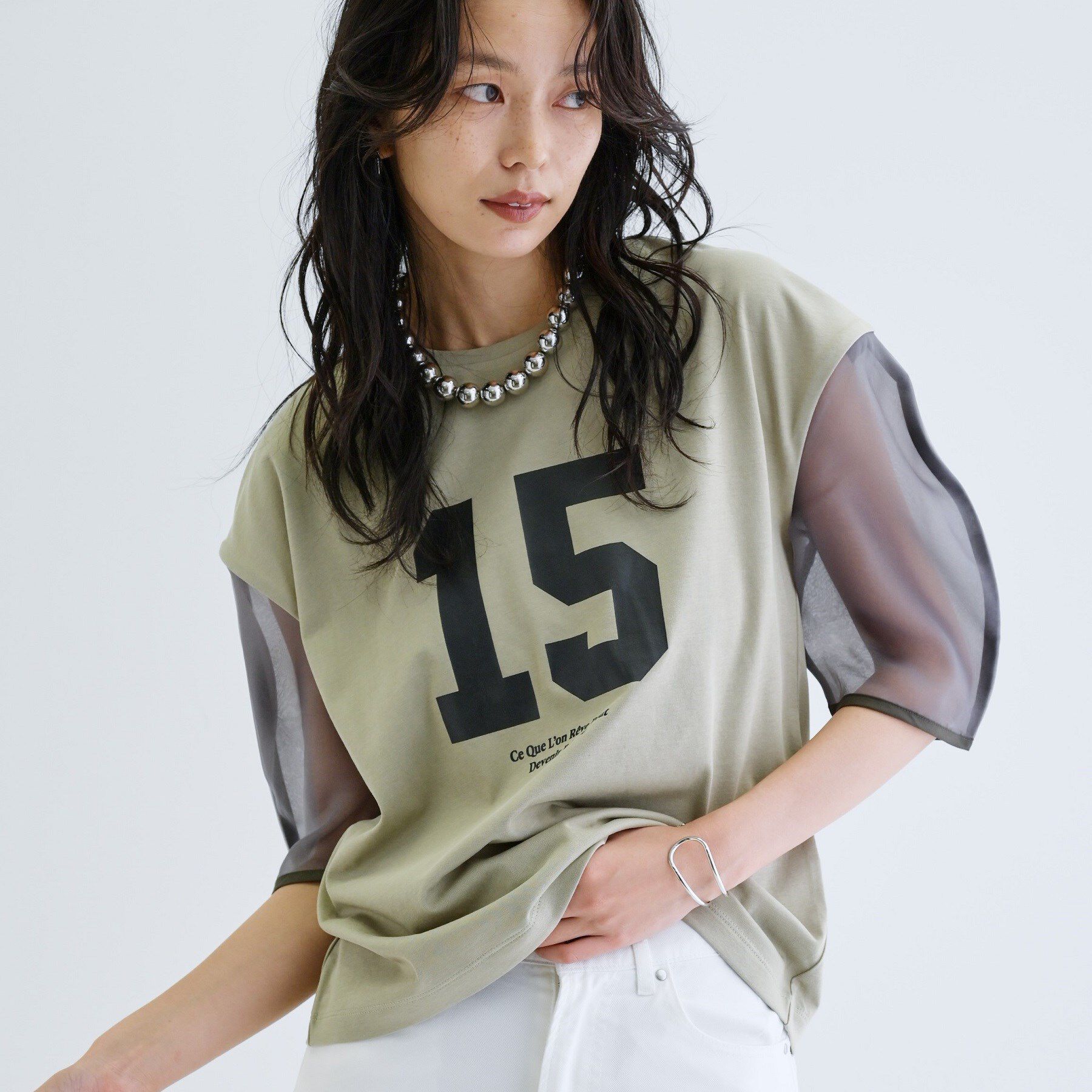 GALLEST「シアースリーブプリントTシャツ」|Tシャツ・カットソー|オリーブグリーン(0