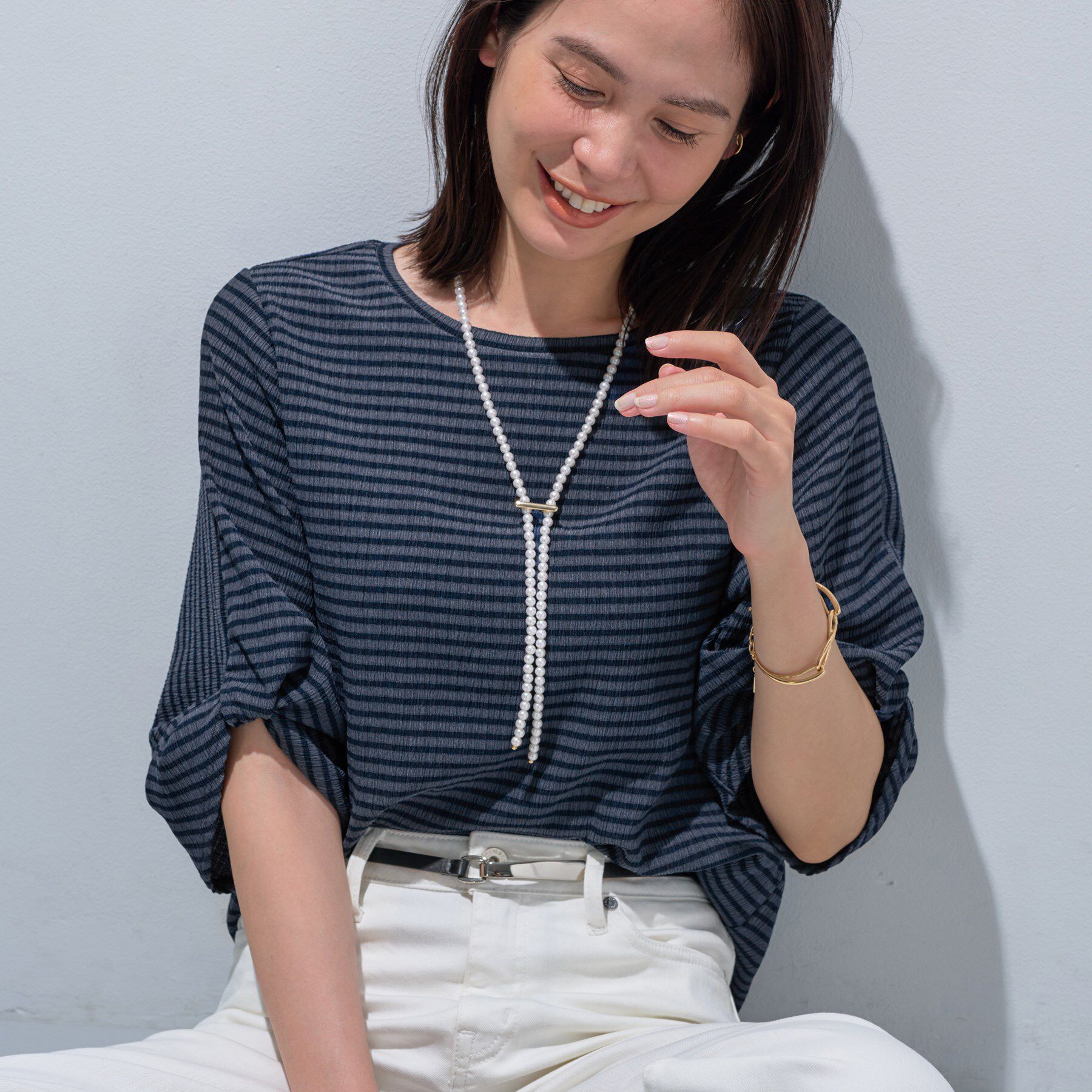 INDIVI「【UVケア／吸汗速乾】凹凸素材ねじり袖トップス」|Tシャツ・カットソー|ネイビー(294)