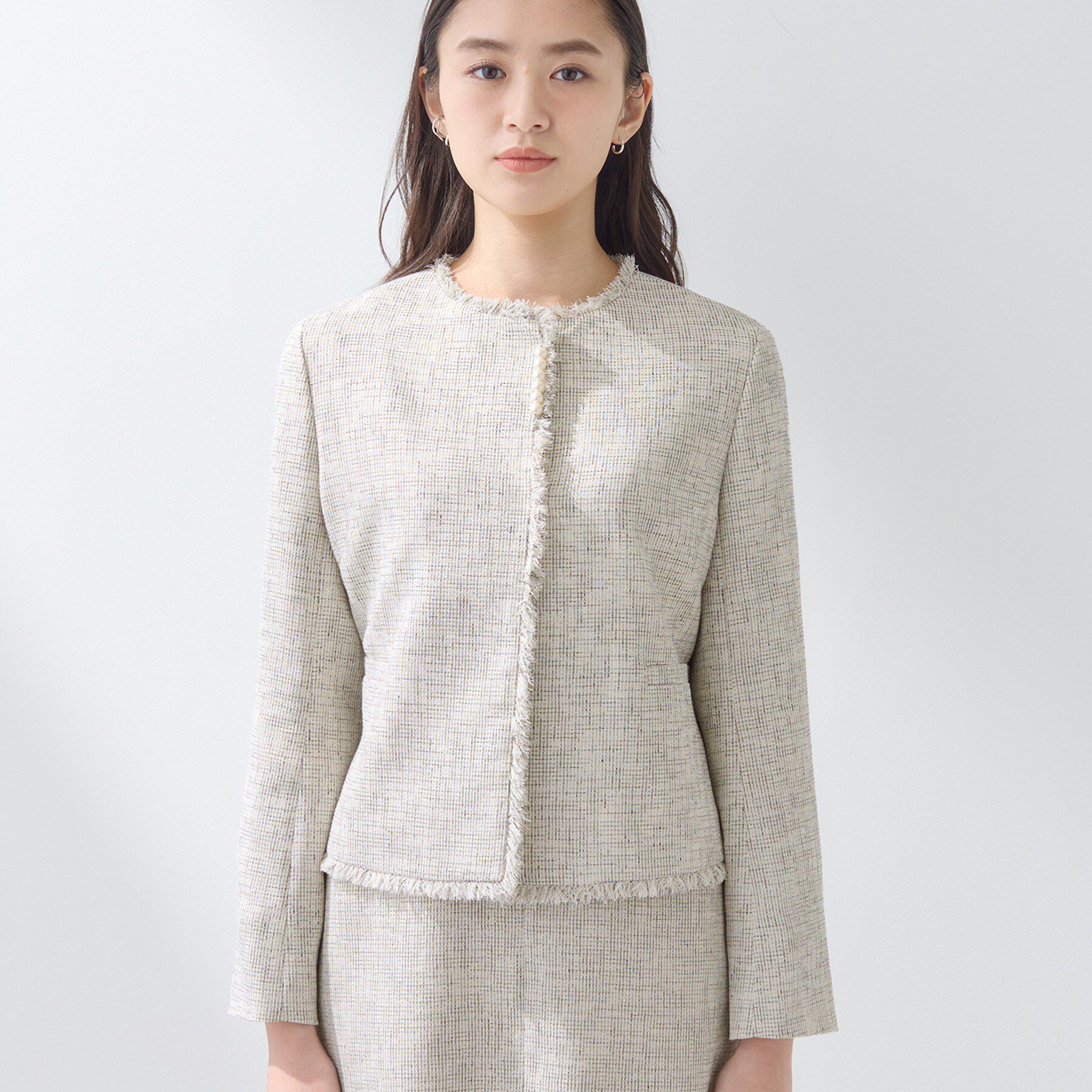 INDIVI「【軽量／セレモニー／SETUP可能】ストレッチツイードジャケット」|ノーカラージャケット|