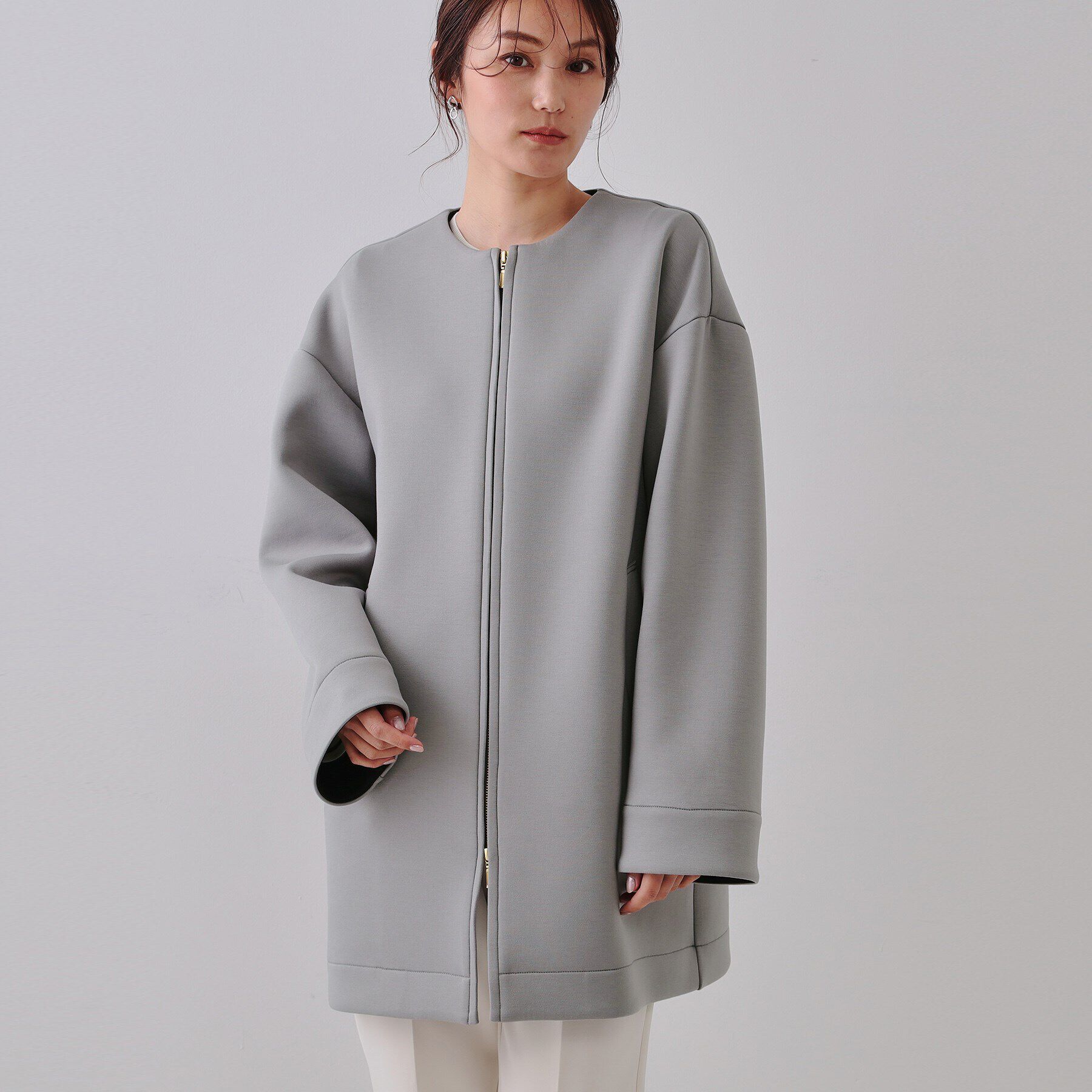 OPAQUE.CLIP「ノーカラーZIPミドルコート【洗濯機洗い可/抗ピル】」|ノーカラーコート|