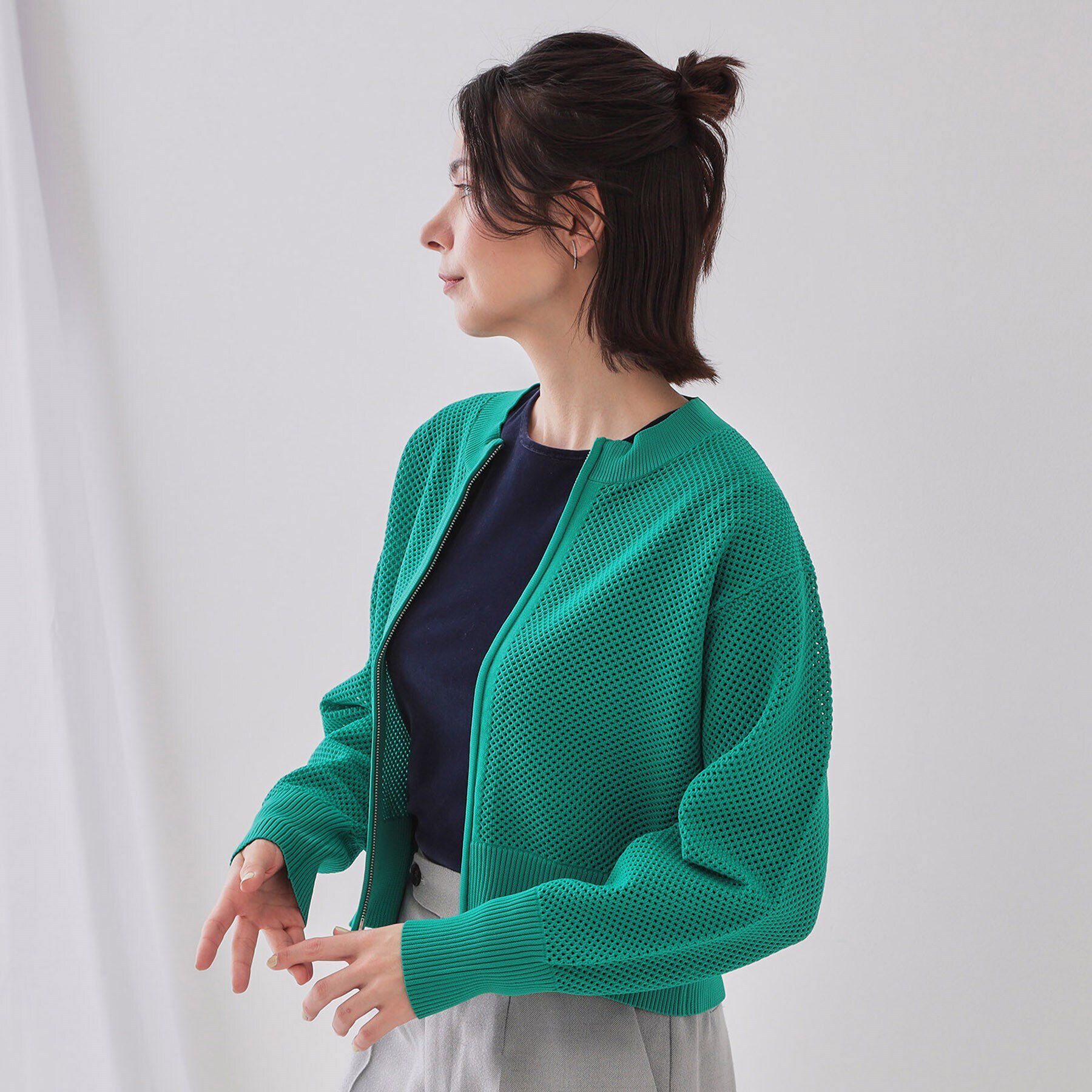 OPAQUE.CLIP「メッシュZIPニットカーディガン【洗濯機洗い可】」|カーディガン|グリーン(022)