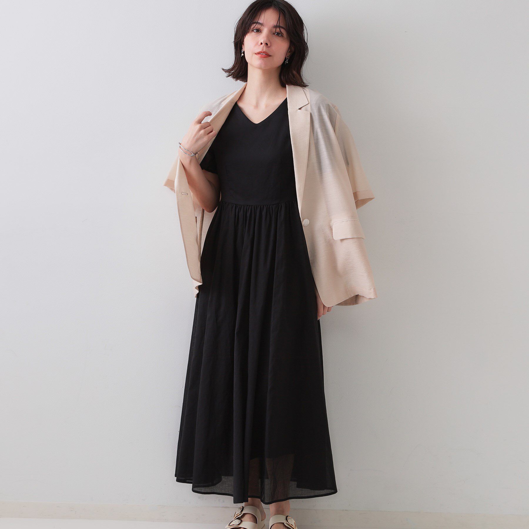 OPAQUE.CLIP「Vネックフィット＆フレアドレス/オーガニックコットン混【洗濯機洗い可】」|ワンピース|