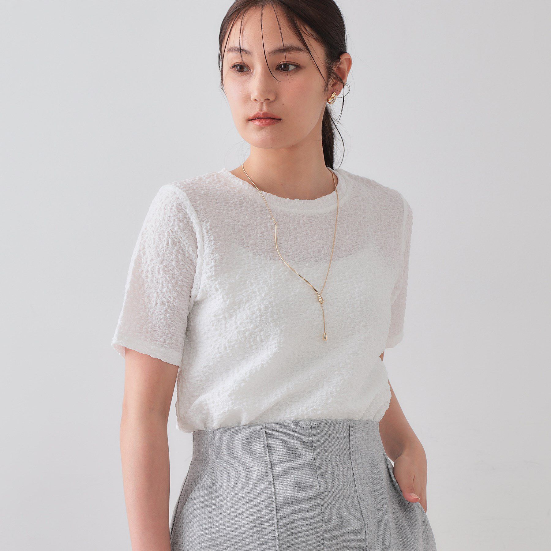 OPAQUE.CLIP「ふくれジャカードショートカットソー【洗濯機洗い可】」|Tシャツ・カットソー|ホワイト(001)