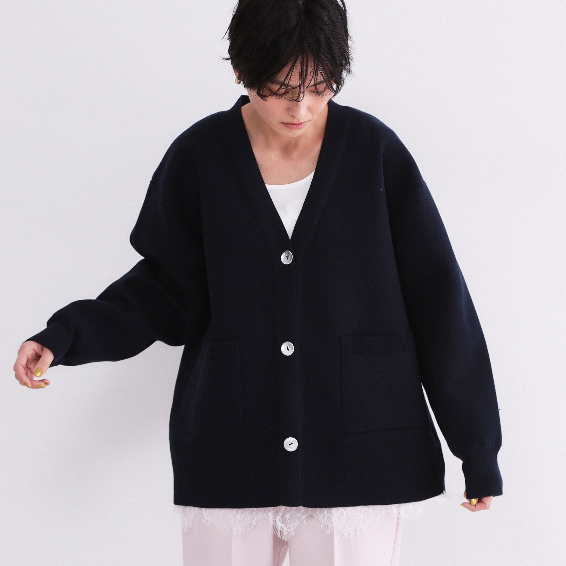 OPAQUE.CLIP「Vネックミドルニットカーディガン【洗濯機OK】」|カーディガン|