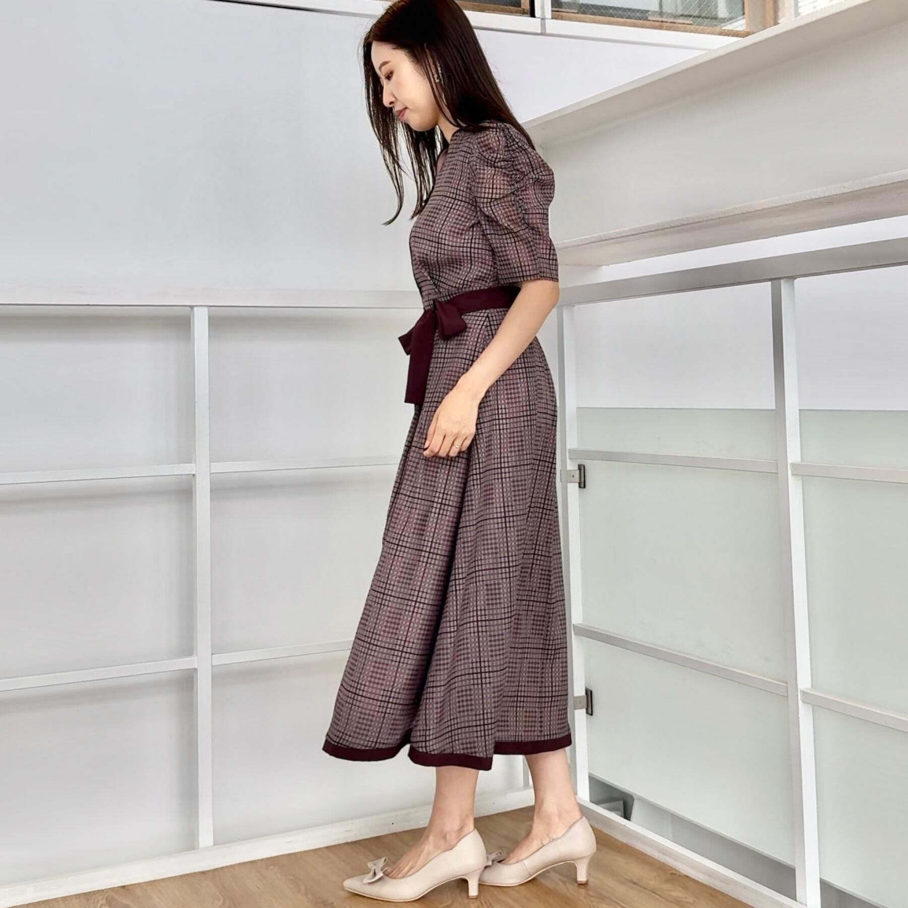 Couture broach「【美シルエット・5分袖】シアーチェックオーガンワンピース」|ワンピース|