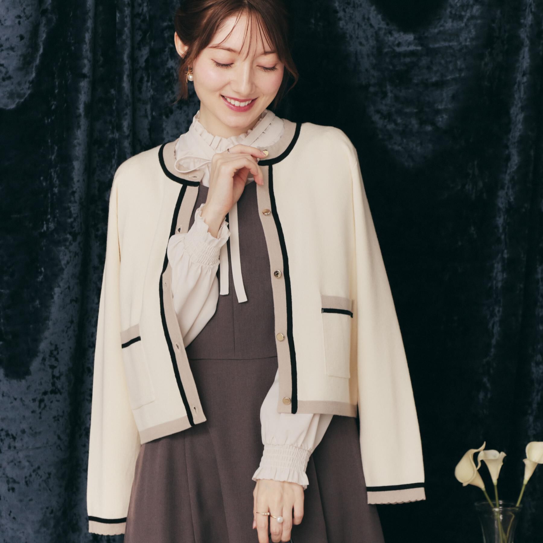 Couture broach「【高見え・通勤・大人可愛い】配色総針スカラカーディガン」|カーディガン|