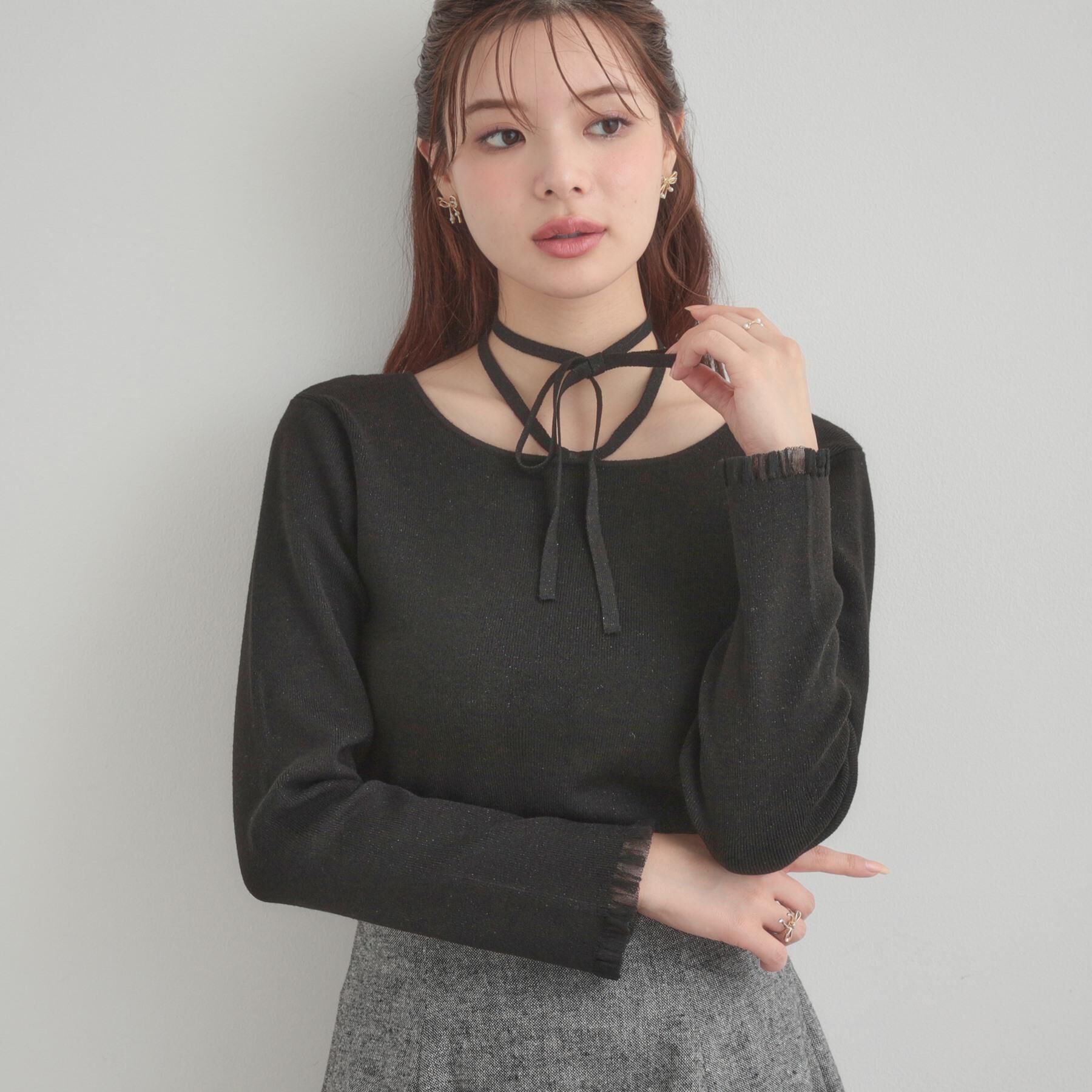 Couture broach「【大人可愛い・リボン取り外し可】前後2WAYラメリブ シアープチフリルニット」|ニット・セーター|