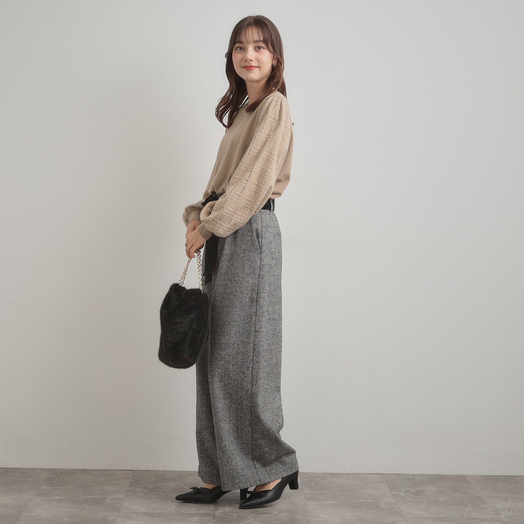 Couture broach「【フェミニン・着映え】袖チェックチュール ドッキングニット」|ニット・セーター|