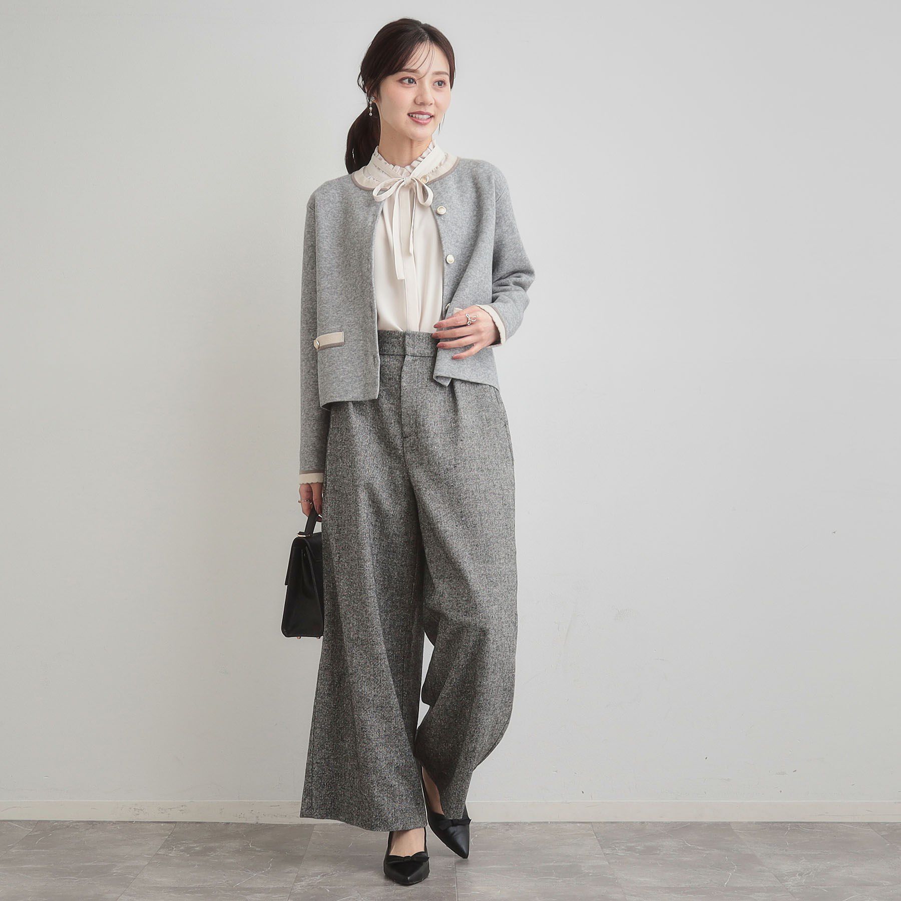 Couture broach「【通勤・大人上品】ムースタッチジャカード 配色スカラカーディ」|カーディガン|