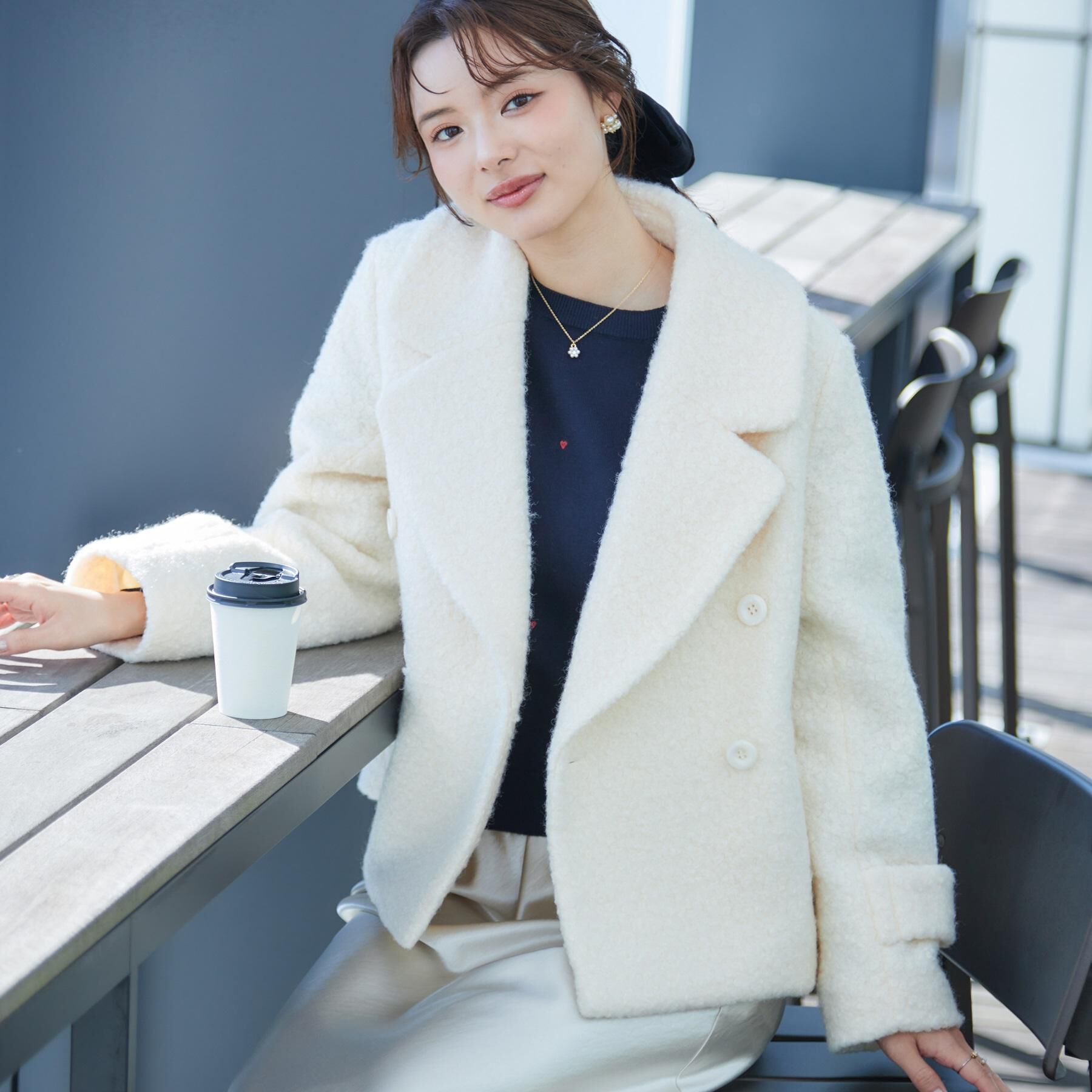 Couture broach「【S-LL/無地・チェック柄】プードルボア ショートコート」|ピーコート|アイボリー(004)