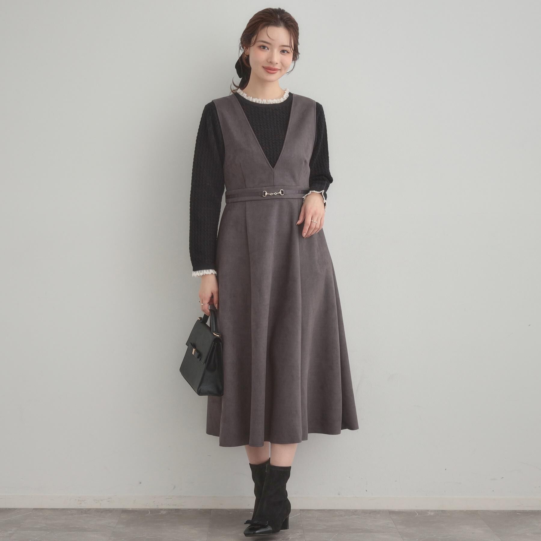 Couture broach「【S-LL/通勤】ビット付き スエード調ダンボールジャンスカ」|ワンピース|