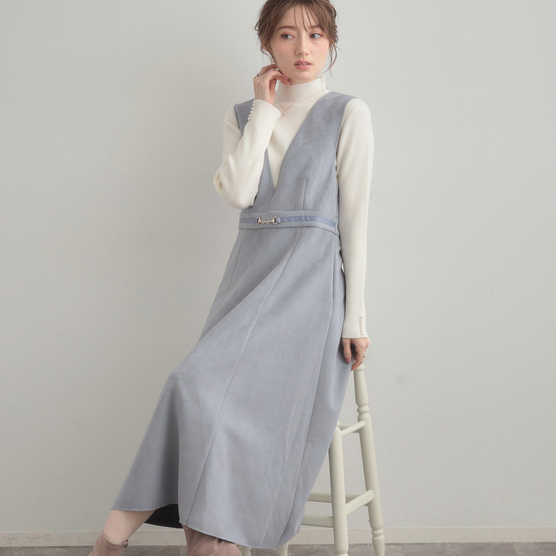 Couture broach「【S-LL/通勤】ビット付き スエード調ダンボールジャンスカ」|ワンピース|サックスブルー(09